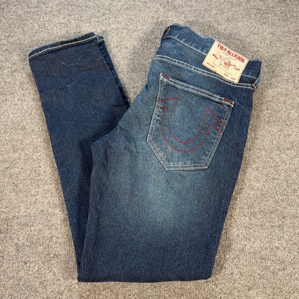 True Religion Rocco Relaxed Jeans Blue Dark Wash Red Stitching Mens 34x30 #4756